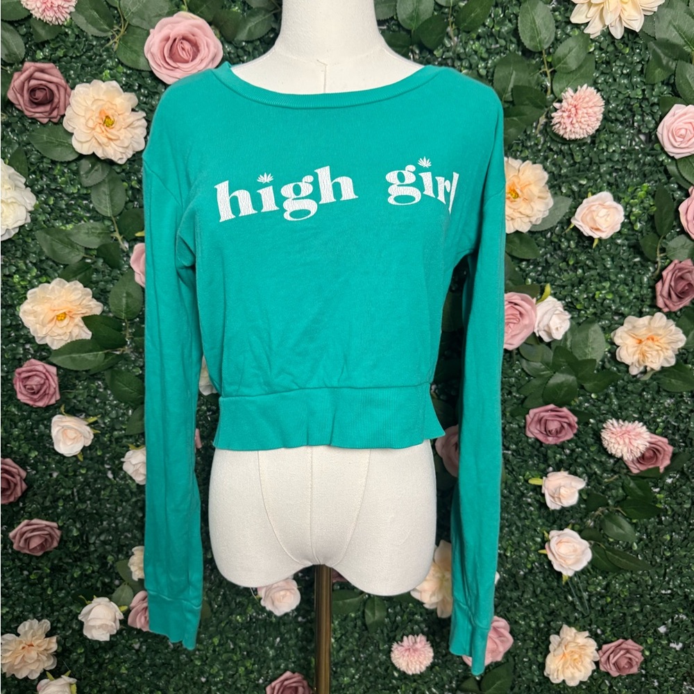 Wildfox Teal Cropped 'high girl' Long Sleeve Sweatshirt